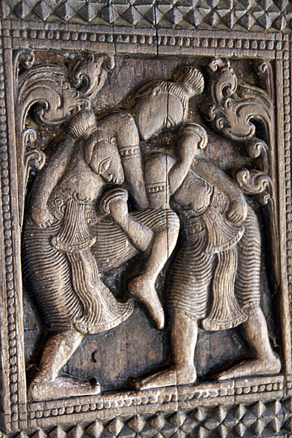 Embekke Devale wood carving wrestling